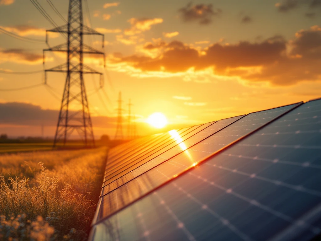 Zonnestralen weerkaatsen op glanzende zonnepanelen bij zonsondergang, met elektriciteitsmasten op de achtergrond, symbolisch voor duurzame energie om netcongestie tegen te gaan.